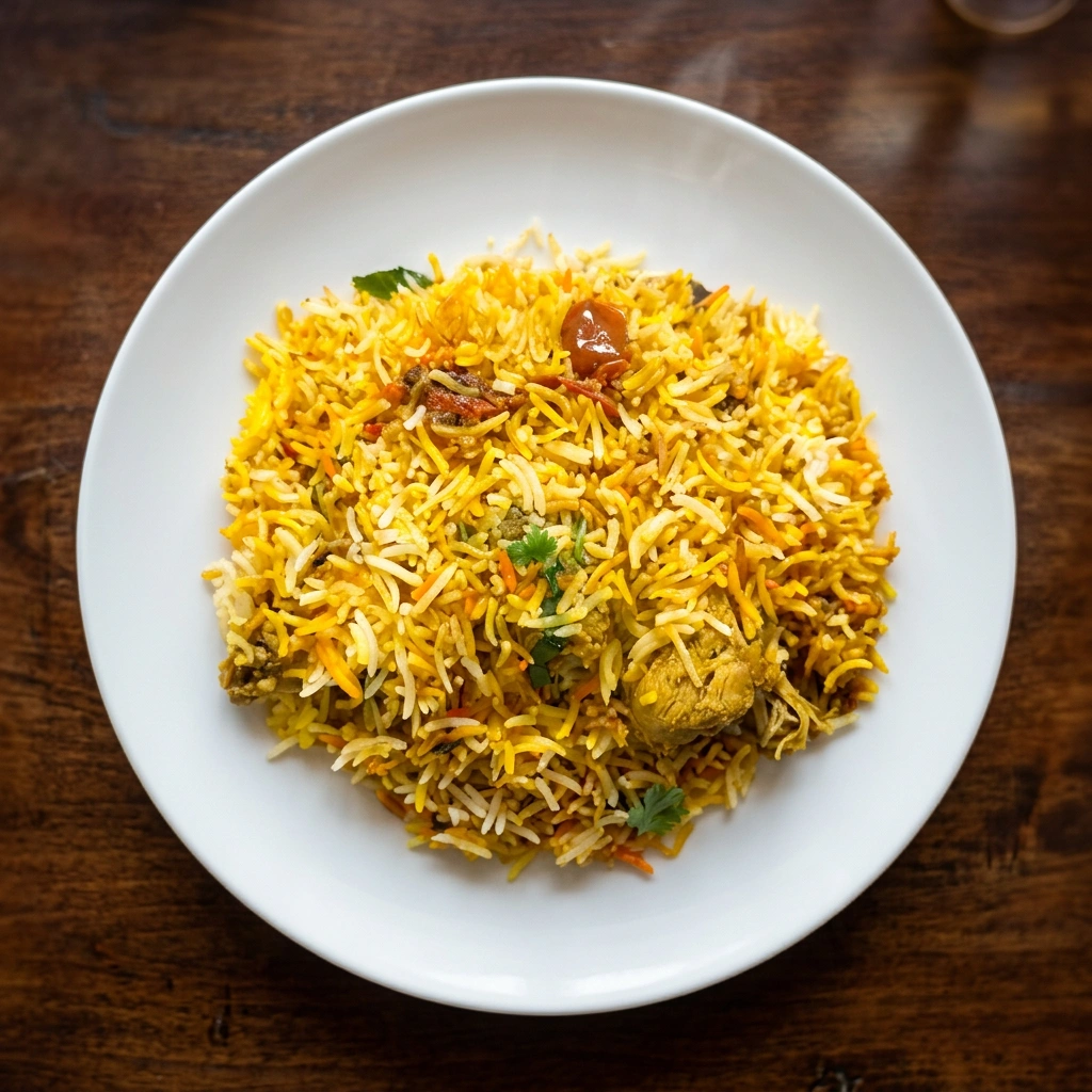 Slow-cooked chicken biryani with basmati rice and spices at Ghazal Edmonton