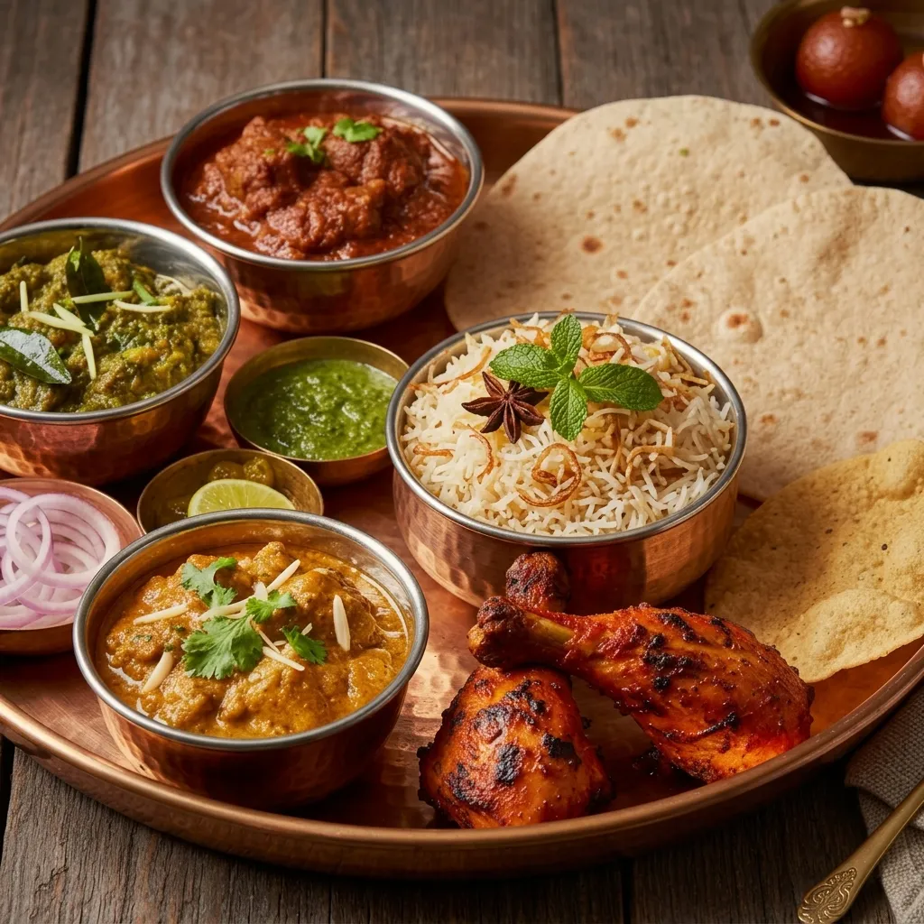 Ghazal non-veg thali platter with curries, rice and breads in Edmonton